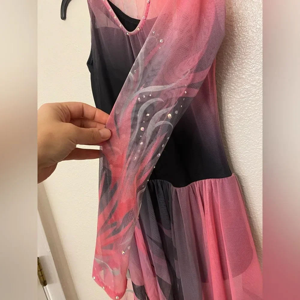 Lyrical skating solo dance costume black pink floral rhinestone ballet dress XLC